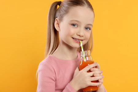 Cute little girl drinking fresh juice on orange backgroundの写真素材
