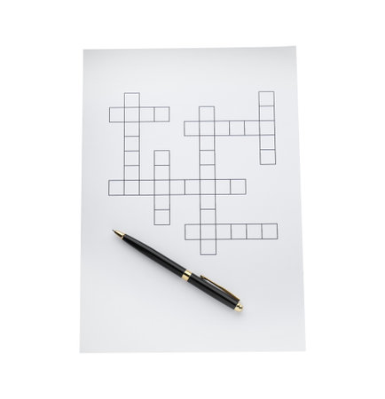 Blank crossword and pen on white background, top viewの写真素材
