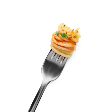 Fork with tasty pasta isolated on white, top viewの写真素材