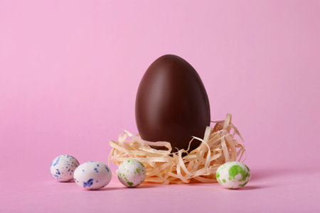 Decorative nest with tasty chocolate eggs and candies on pink backgroundの写真素材