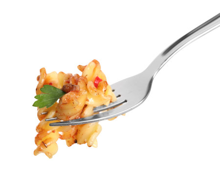 Fork with tasty pasta isolated on white, closeupの写真素材