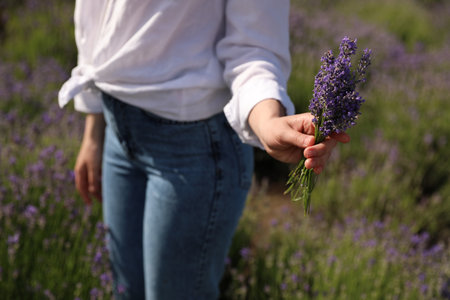 Young woman with lavender bouquet in field on summer day, closeupの写真素材