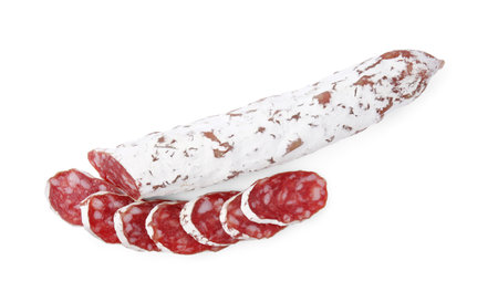 Delicious cut fuet sausage isolated on white, top viewの写真素材