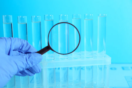 Scientist with magnifying glass examining test tubes in laboratory, closeup. Color tone effectの写真素材