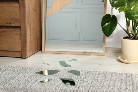Shards near broken mirror on floor in roomの写真素材