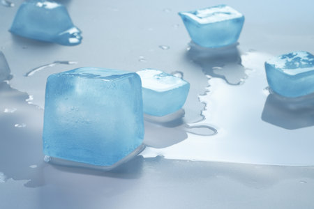 Crystal clear ice cubes on light blue backgroundの写真素材