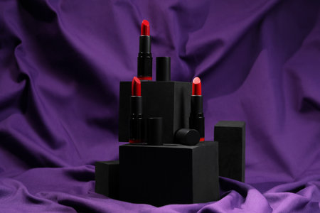 Stylish presentation of lipsticks on purple fabricの写真素材