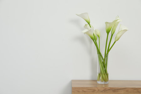 Beautiful calla lily flowers in glass vase on wooden table near white wall. Space for textの写真素材