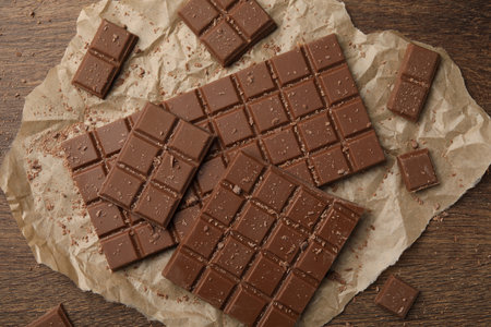 Pieces and crumbs of tasty chocolate bars on wooden table, flat lay