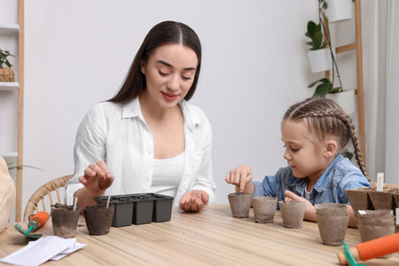 Mother and her daughter planting vegetable seeds into peat pots with soil at wooden table indoorsの写真素材