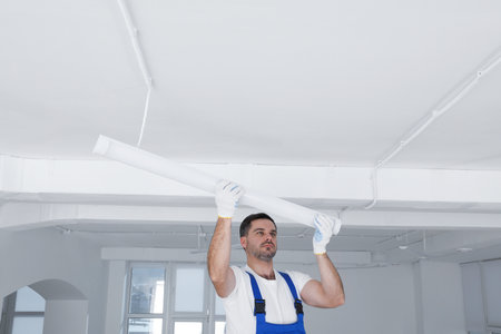 Electrician installing led linear lamp indoors. Ceiling lightの写真素材