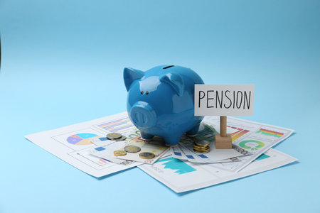 Pension savings. Piggy bank, cash and graphs on light blue backgroundの写真素材
