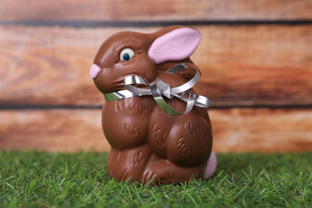 Easter celebration. Cute chocolate bunny on grass against wooden backgroundの写真素材