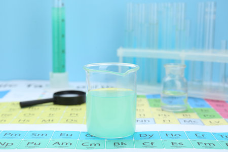 Beaker on periodic table of chemical elements, closeupの写真素材