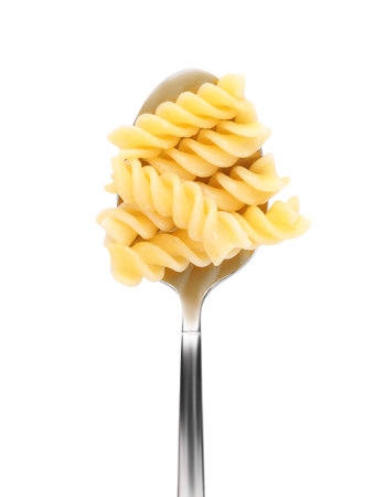 Spoon with tasty pasta isolated on white, top viewの写真素材