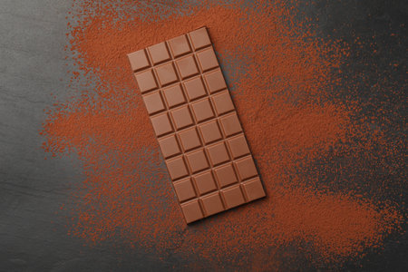 Tasty chocolate bar and cocoa powder on gray table, top view