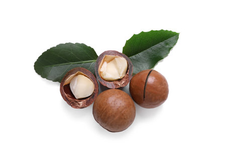 Delicious organic Macadamia nuts isolated on white, top viewの写真素材