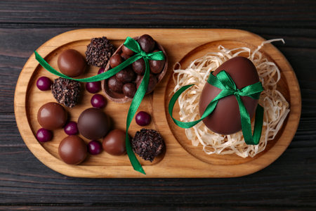 Tasty chocolate eggs with green bows and sweets on wooden table, top viewの写真素材