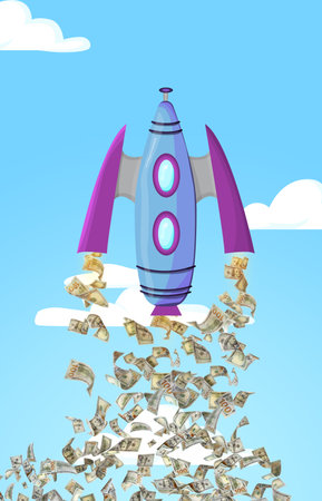 Business startup. Money falling from flying rocket in blue sky, illustrationの写真素材
