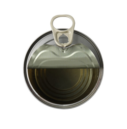 One open tin can isolated on white, top view