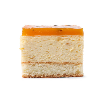 Piece of cheesecake with jelly on white backgroundの写真素材