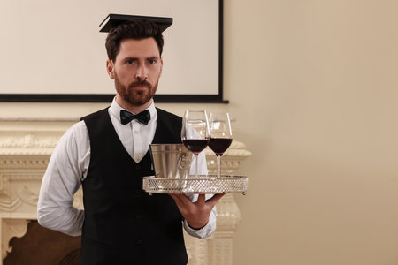 Man with tray and book on head practicing good posture indoors, space for text. Professional butler...