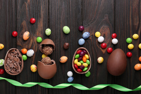 Tasty chocolate eggs and sweets on wooden table, flat lay. Space for text