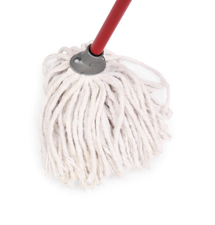 Mop with plastic handle isolated on whiteの写真素材
