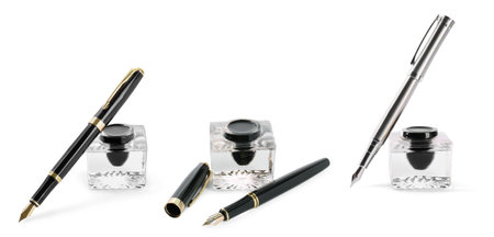 Collage with fountain pens and inkwells on white backgroundの写真素材