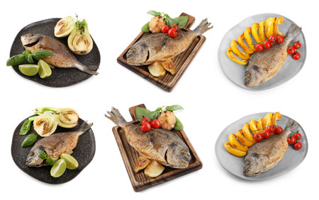 Delicious roasted dorado fish with vegetables, basil and citrus fruits on white background, collage designの写真素材