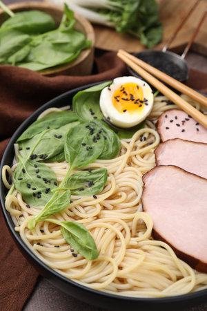 Delicious ramen with meat on table, closeup. Noodle soupの写真素材