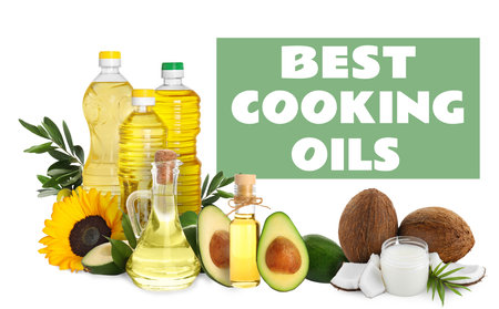 Best for cooking. Different oils and ingredients on white backgroundの写真素材