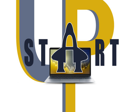 Business initiation. Word Start with illustration of rocket instead of letter A over laptop on white...