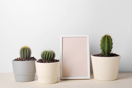 Different cacti in pots and empty frame on beige tableの写真素材