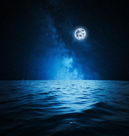 Picturesque starry sky with full moon over sea at nightの写真素材