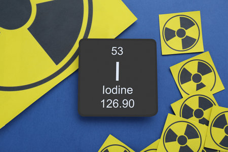 Card with chemical element Iodine and radiation signs on blue background, flat layの写真素材