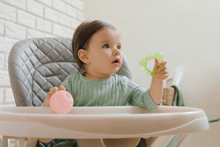 Cute little baby with teether and toy in high chair indoors