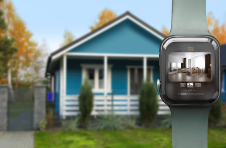 Home security system. Modern smartwatch with image of room through CCTV camera on display against house, collage designの写真素材