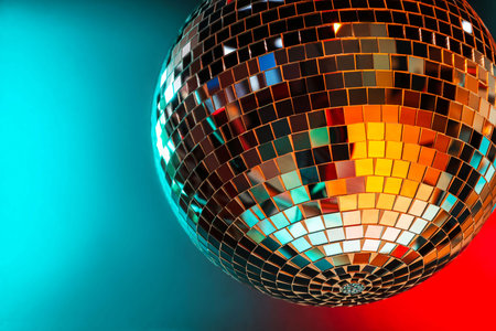Shiny disco ball under color lights, closeup. Space for textの写真素材