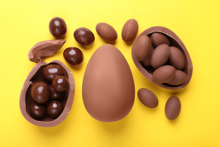 Delicious chocolate eggs and sweets on yellow background, flat layの写真素材