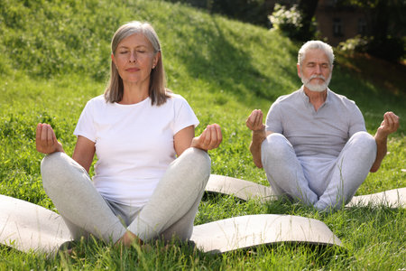 Senior couple practicing yoga on green grass in parkの写真素材