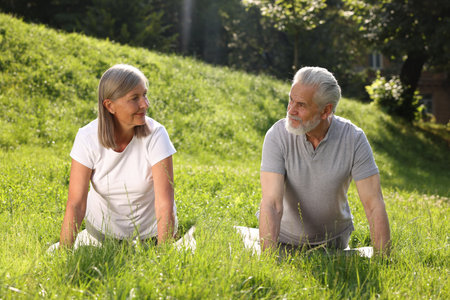 Senior couple practicing yoga on green grass in parkの写真素材