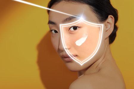 Sun protection care. Beautiful woman with sunscreen on face against golden background. Illustration of shield as SPFの写真素材