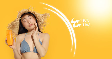 Sun protection product as barrier against UVA and UVB, banner design. Beautiful young woman applying...