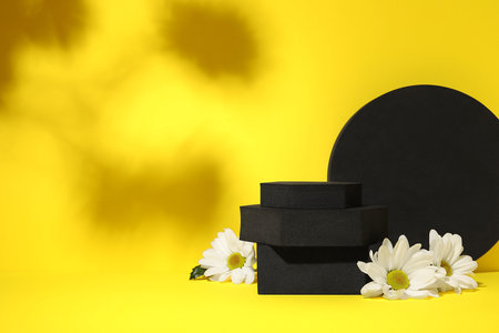 Many black geometric figures and flowers on yellow background, space for text. Stylish presentation for productの写真素材