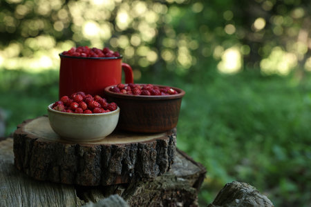Dishes with tasty wild strawberries on stump against blurred background, closeup. Space for textの写真素材