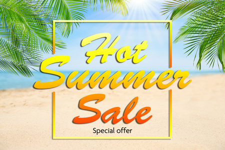 Hot summer sale flyer design. Beautiful view on sandy beach near sea and textの写真素材