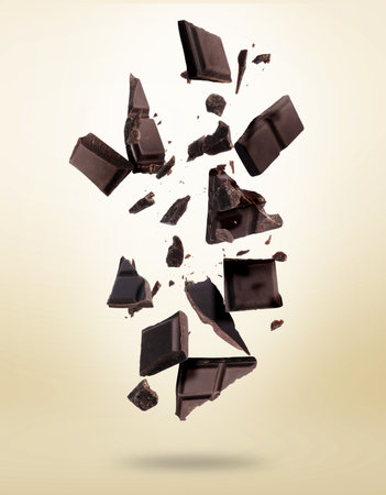 Broken chocolate bar pieces falling on beige backgroundの写真素材