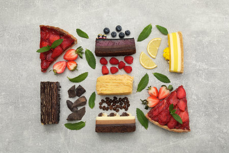 Flat lay composition with different tasty cakes on light gray table