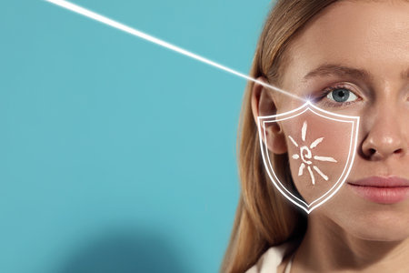 Sun protection care. Beautiful woman with sunscreen on face against light blue background, space for text. Illustration of shield as SPFの写真素材